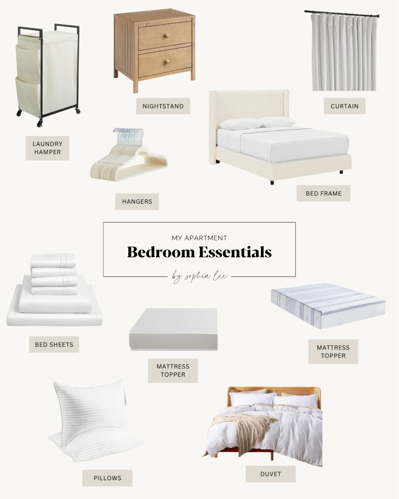 First apartment bedroom essentials: Bedframe, Nightstand, Dresser, Pillows, Bedsheets, Mattress, Mattress Topper, Duvet & Duvet Cover, Curtains & Curtain Rod, Laundry Basket, Hangers 

#firstapartment #apartmentessentials