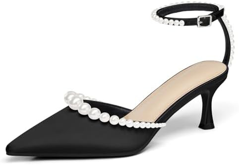 Coutgo Womens Pearl Kitten Heels Closed Pointed Toe Wedding Bride Dress Shoes Ankle Strap Satin P... | Amazon (US)