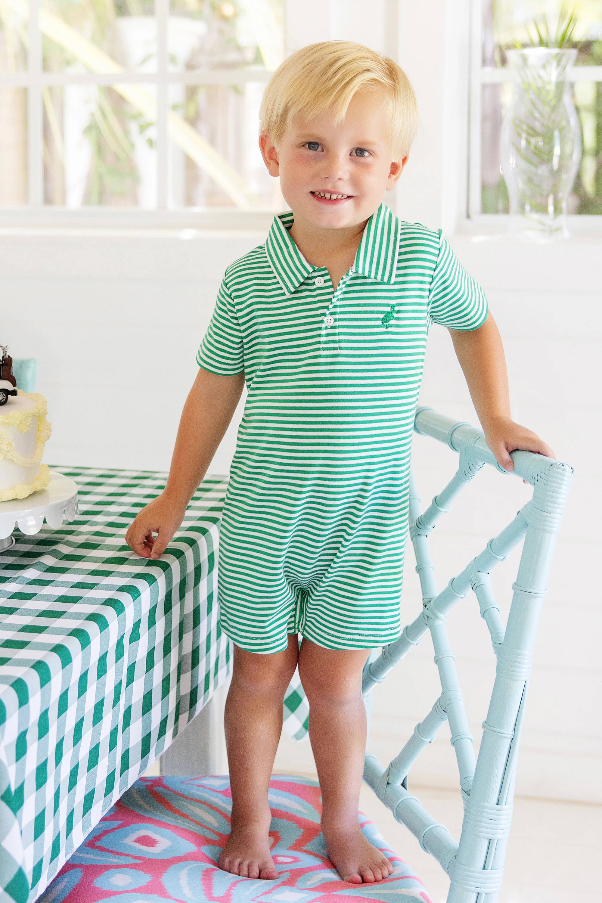 Sir Proper's Romper - Kiawah Kelly Green Stripe with Kiawah Kelly Green Stork | The Beaufort Bonnet Company