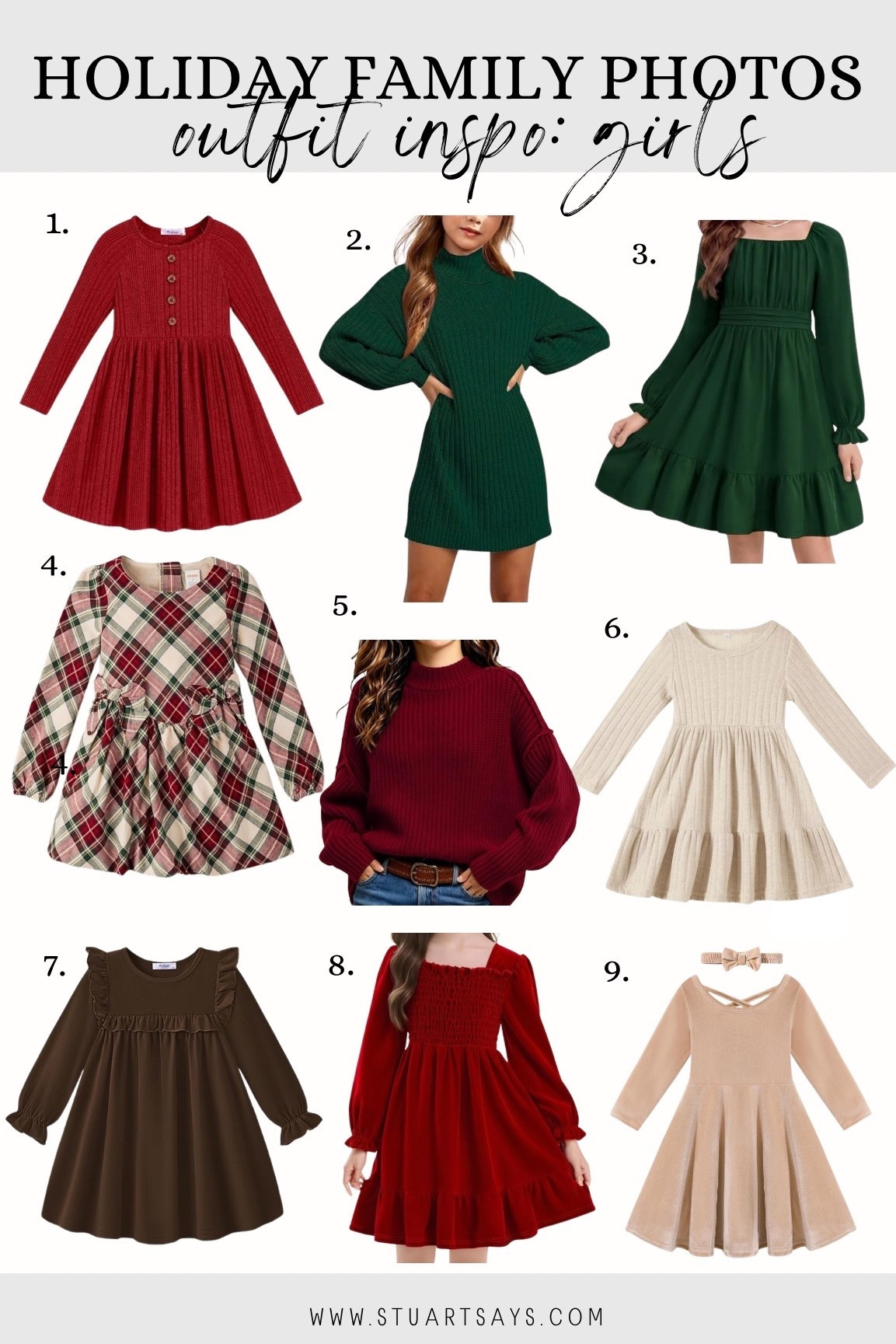 Holiday family photo shoot outfit inspo, holiday outfits for girls.