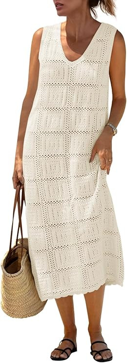 Fisoew Womens Crochet Sleeveless Dress Casual Summer V Neck Boho Knit Cover Up Beach Vacation Mid... | Amazon (US)