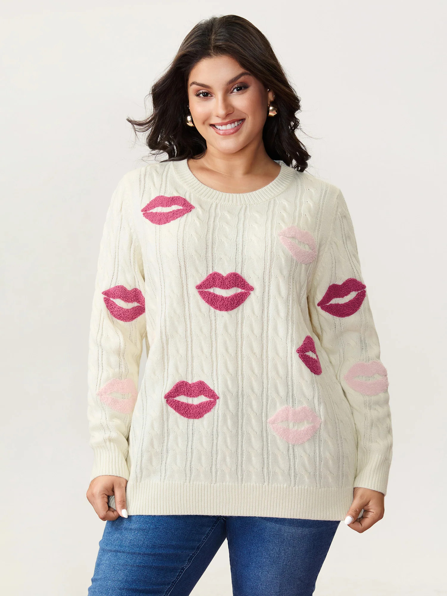 Rosy Lips Embroidery Braided Texture Pullover | Bloomchic