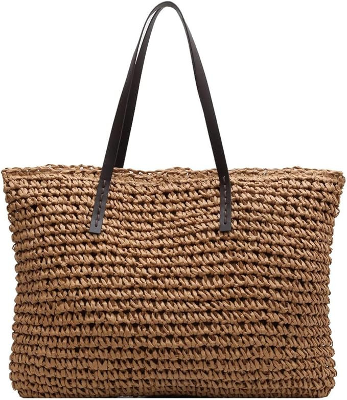 Large Straw Beach Bag for Womens, Straw Handbag Woven Tote Bag With Zipper Summer Shoulder Bag | Amazon (US)