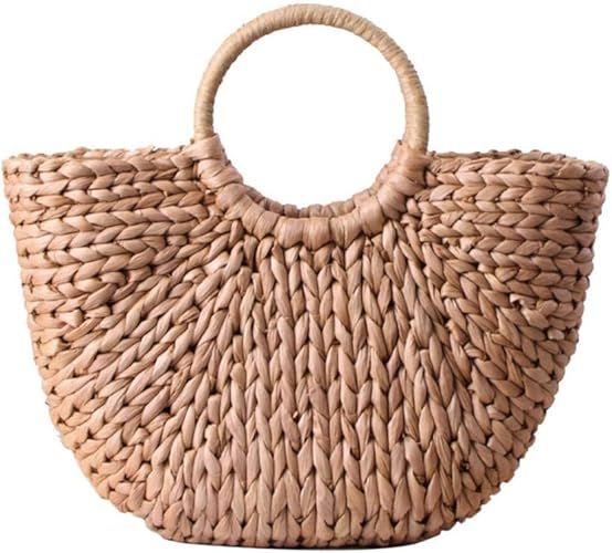 EROUGE Natural Chic Straw Bag Hand Woven Round Handle Handbags Retro Summer Beach Bag Beach Bag | Amazon (US)