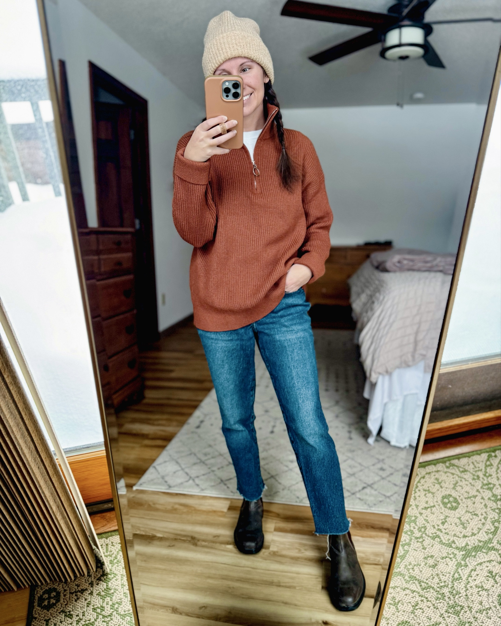 Small in my tee, xs in my 1/4 zip sweater (caramel color), 0 petite in my jeans, and 6 in my blundstone boots. 

#LTKgrwm #LTKPetite #LTKootd
