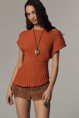 By Anthropologie Asymmetric Ribbed Short-Sleeve Sweater | Anthropologie (US)