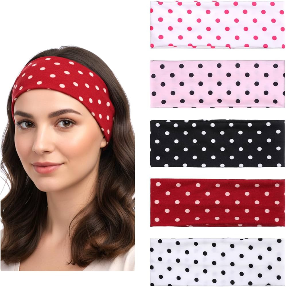 5Pcs Polka Dot Headband Soft Non Slip Headbands Fashion Elastic Wide Headband Yoga Workout Hair A... | Amazon (US)
