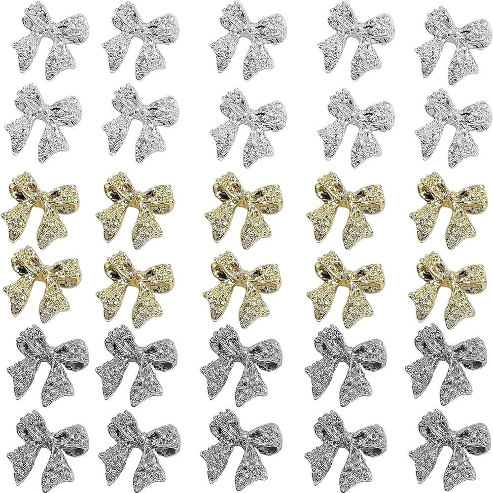 30pcs 3D Metal Bow Nail Charms for Acrylic Nails Alloy Nail Bows Gold Silver Gray Bow knot Nail A... | Amazon (US)