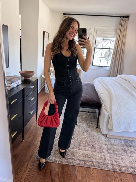 I love this denim set! I'm wearing a size 26 in the jeans (usually do a 25) & a size S in the top but could have done an XS. My bag is an Amazon find! // spring outfit, date night outfit, denim outfit, denim vest, spring wardrobe