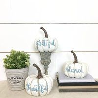 Painted Pumpkins Fall Home Decor, Hand Lettered Thankful, Grateful, Blessed, White Blue Pumpkins, Rustic Farmhouse Home Decor | Etsy (US)
