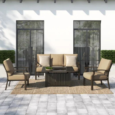 Serhan 4-Piece Aluminum Patio Conversation Set, 50 X 32'' Rectangular Propane Fire Pit Table & Cushions | Wayfair North America