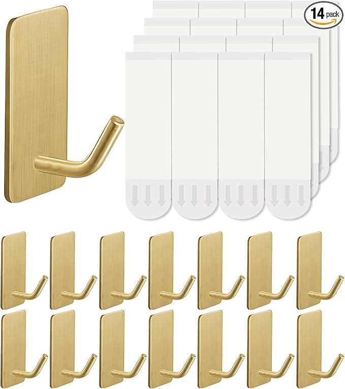 14 Pcs Towel Hooks with Removable Strips for Hanging, Adhesive Wall Hooks Heavy Duty, Outdoor No ... | Amazon (US)