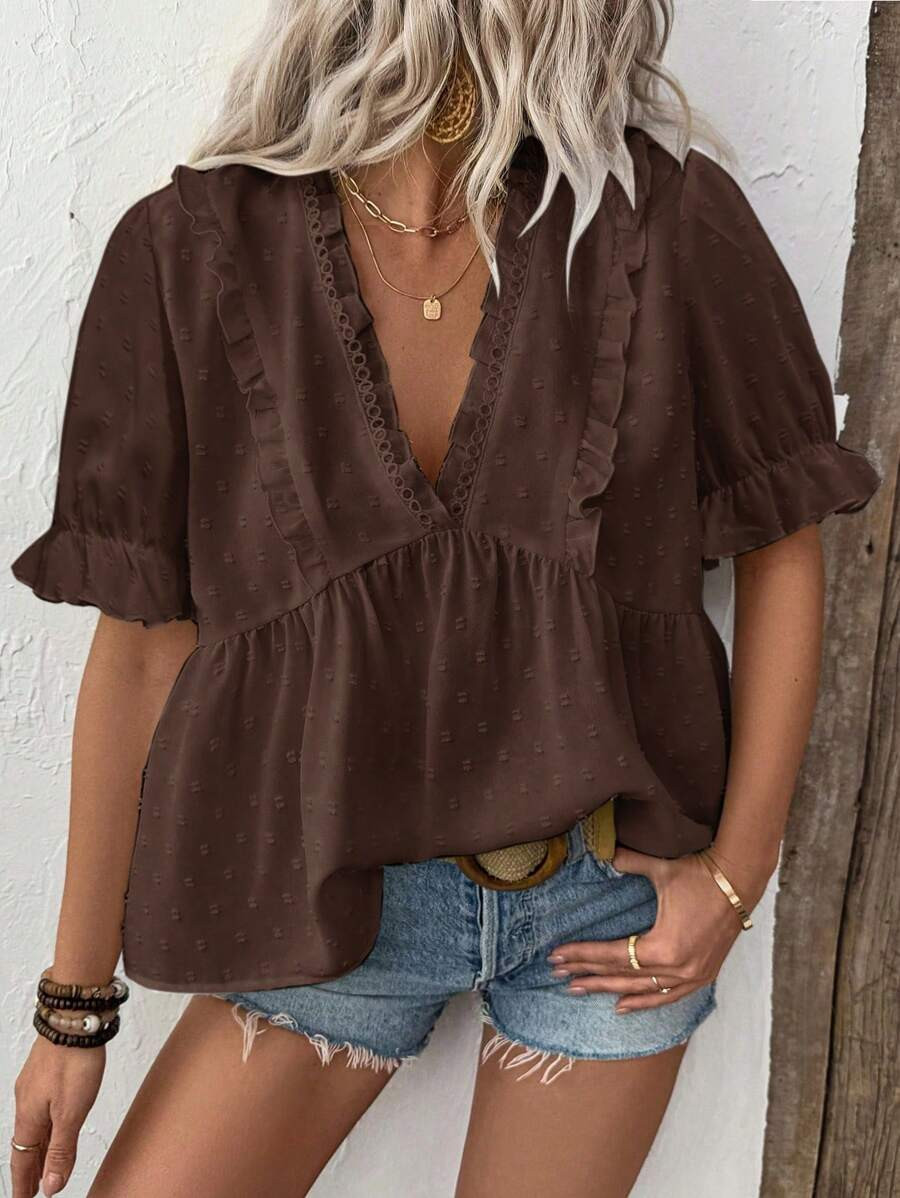 Calvaya Women's 3D Laser Cut V-Neck Puff Sleeve Blouse | SHEIN