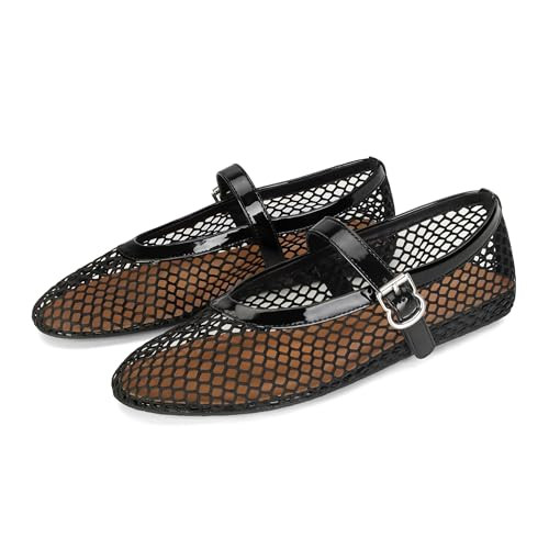 DOEYG Black Mesh Ballet Flats for Women Round Toe Mesh Flats Ballerina Shoes Buckle Strap Mesh Mary Jane Flats Comfortable Casual Dressy Summer Fishnet Flats Shoes Size 9.5 | Amazon (US)