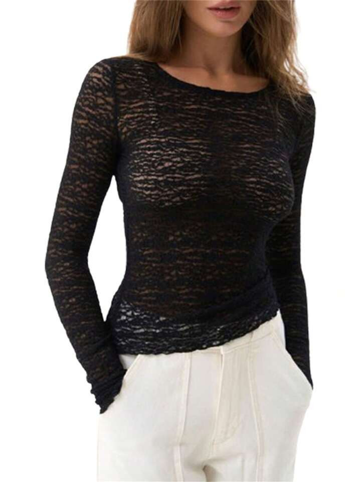 Womens Sheer Lace Tops Slim Solid Color See Through Round Neck Long Sleeve Undershirts Casual Str... | SHEIN