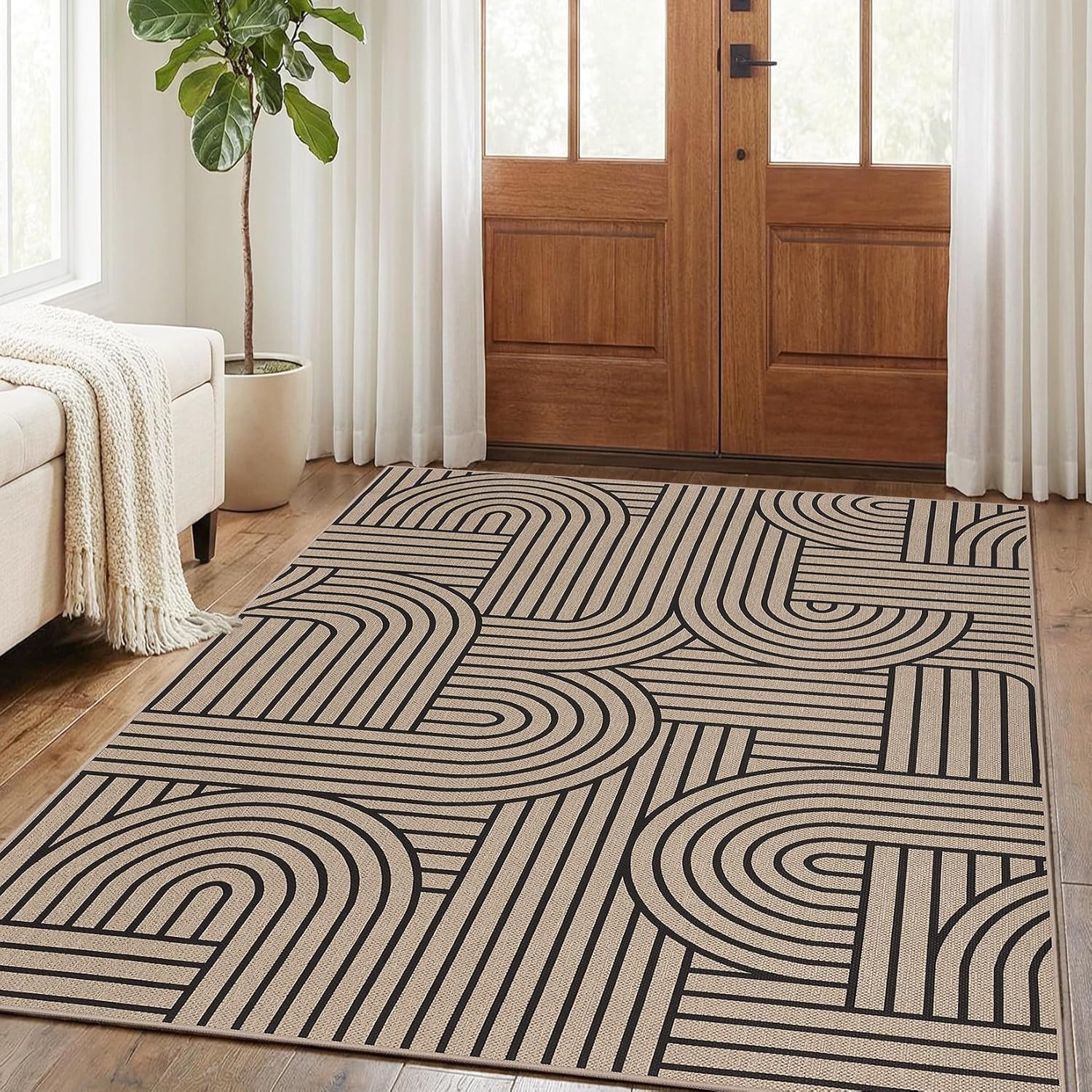 IdealHouse 5x7ft Patio Rugs Outdoor Waterproof Easy Jute Rug for Living Room Non Slip Stain Resistant Abstract Striped Rug Non Shedding Modern | Lowe's