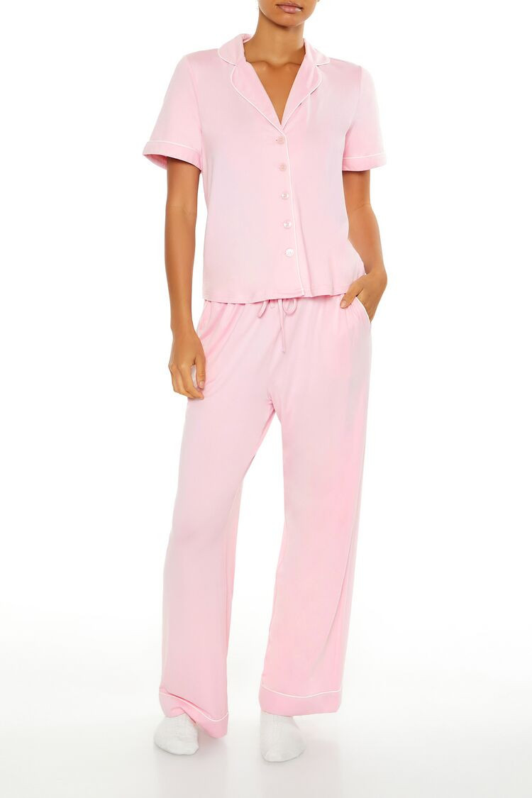 Women's Piped-Trim Wide-Leg Pajama Pants in Pink/White, XS | Forever 21
