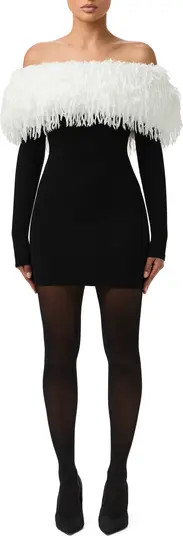 Butter Faux Feather Trim Off the Shoulder Long Sleeve Minidress | Nordstrom