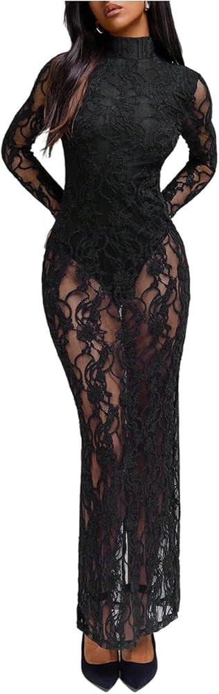 SHENHE Women's Lace Maxi Bodycon Dress Open Back Slit Long Sleeve Sheer Party Dress | Amazon (US)