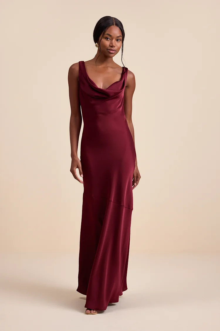 Aernah Wine Red Satin Cowl Tie-Back Slip Maxi Dress | Lulus