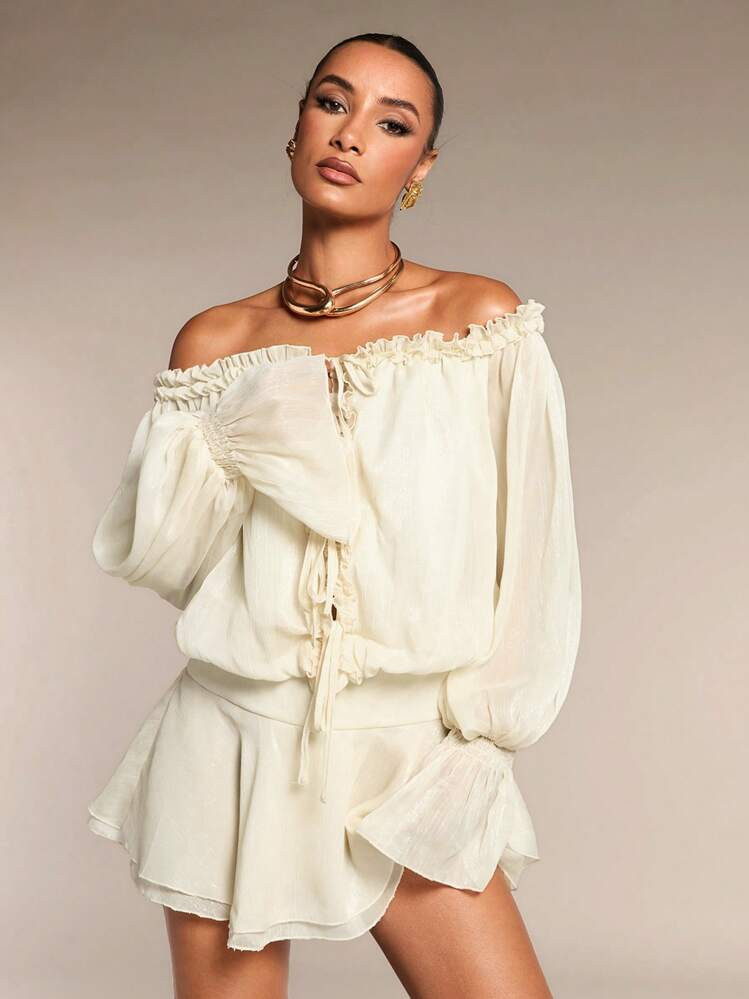 Women Off Shoulder Flare Sleeve Ruffle Hem Dress Khaki | SHEIN