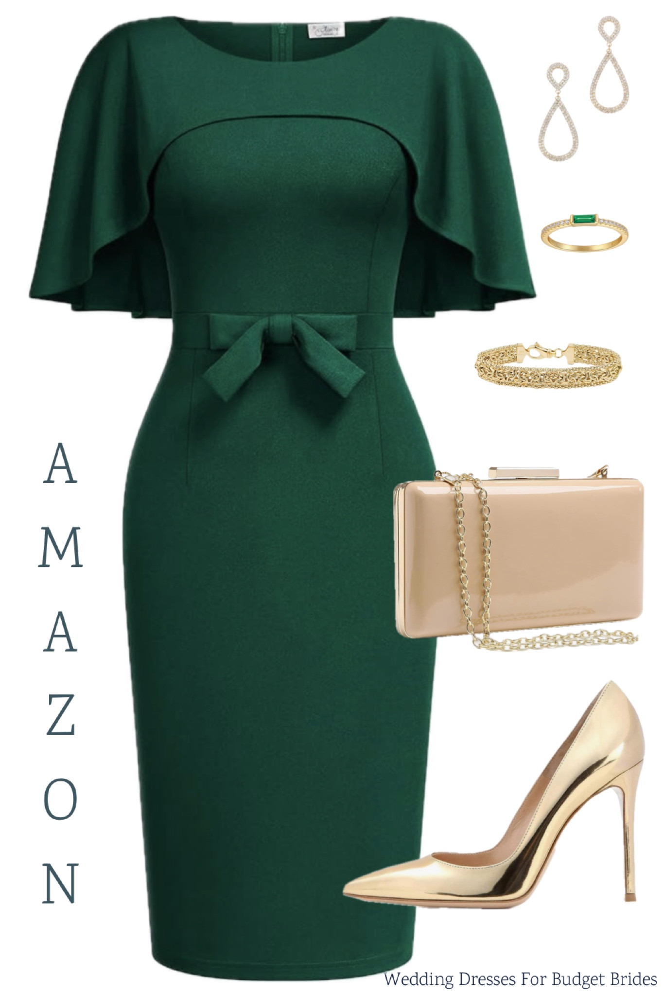 Wedding guest outfit idea in green and gold for a fall or winter day time semi formal wedding. All on Amazon. 

#LTKParties #LTKSeasonal #LTKWedding