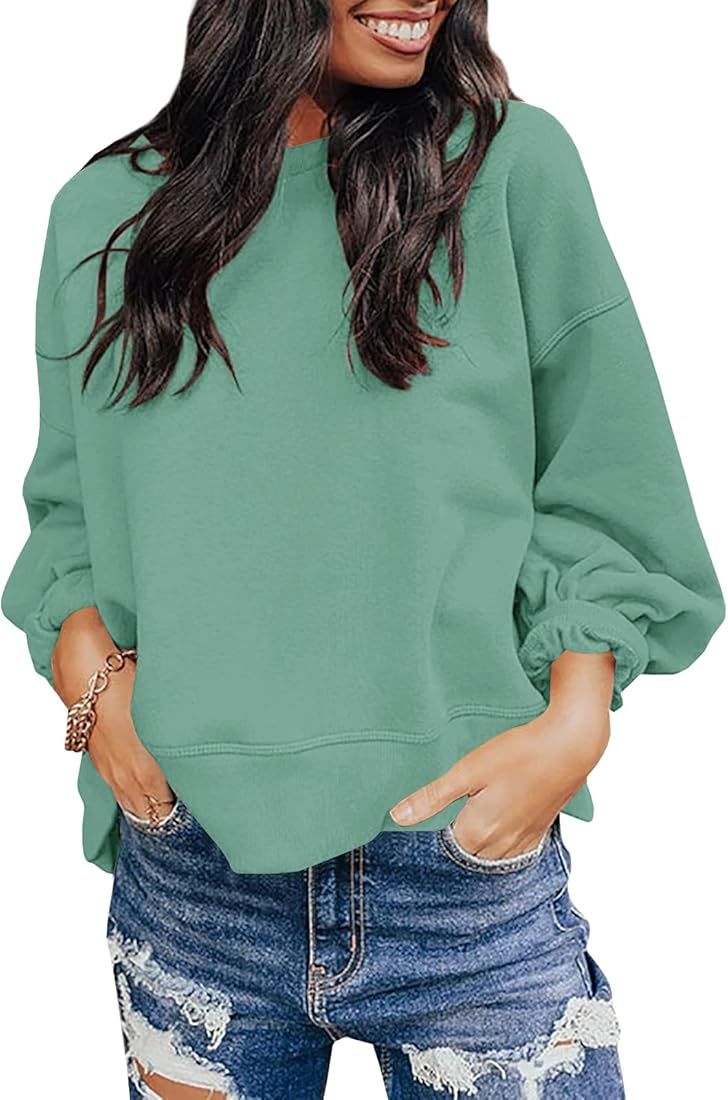 Wenrine Womens Oversized Sweatshirt Crewneck Lantern Sleeve Casual Loose Solid Color Pullover Top... | Amazon (US)