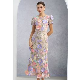 3D Floral Applique Mesh Tulle Mermaid Maxi Dress in Lavender | Chicwish
