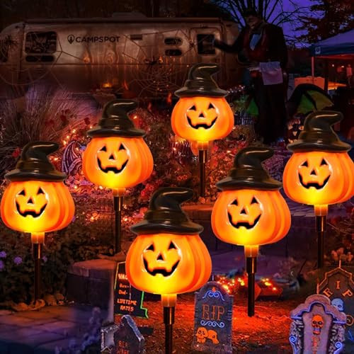 6 Pack Solar Jack O Lantern Stake String Lights - Orange Halloween Pathway Decor for Outdoor Halloween Yard Display | Amazon (US)