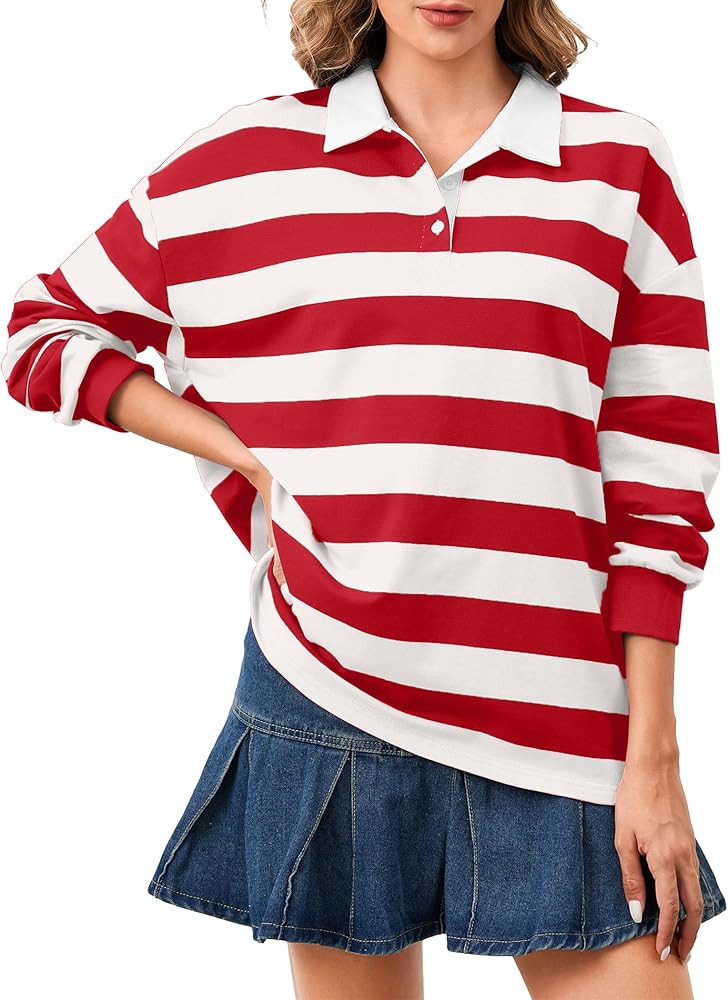 Women's Oversized Striped Polo Sweatshirt Long Sleeve Rugby Collared Pullover Tops Loose Fit Shir... | Amazon (US)