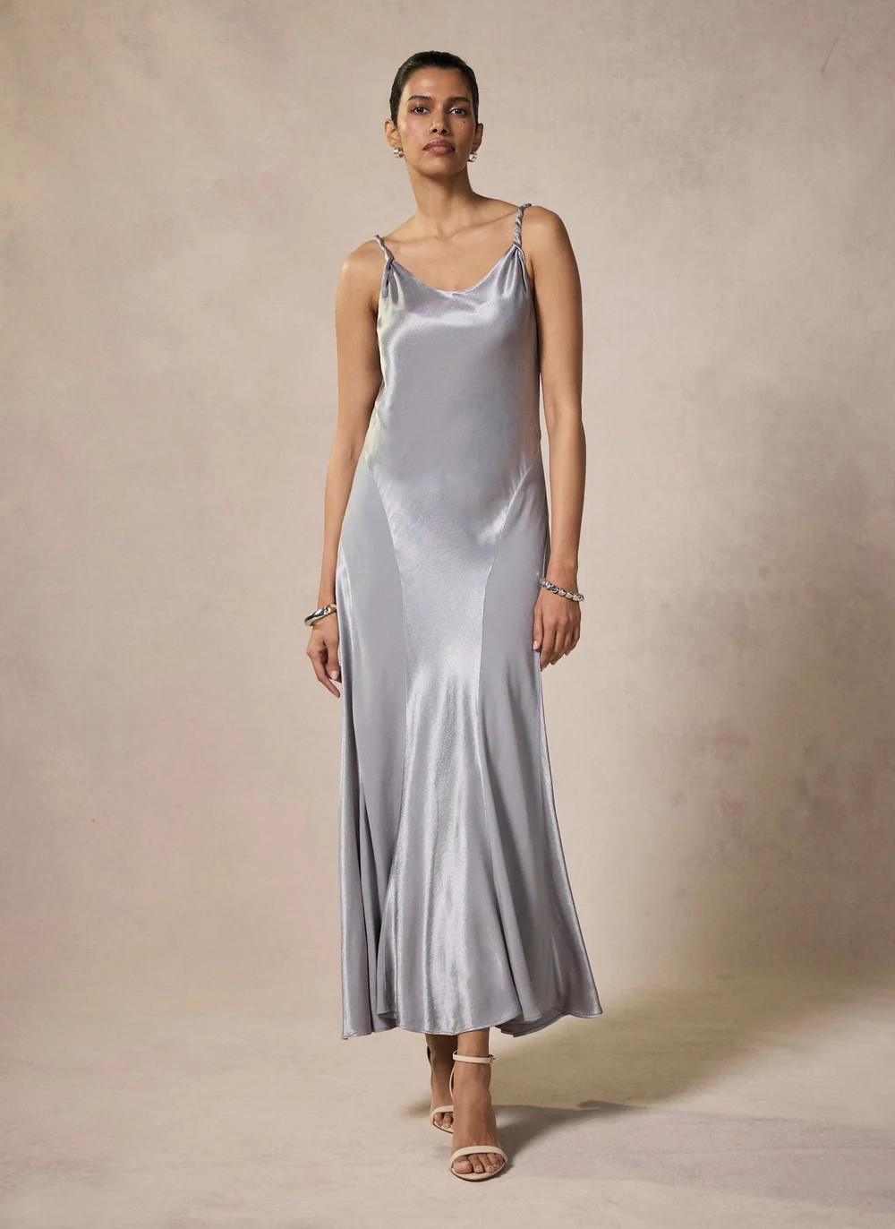 Silver Metallic Satin Midi Slip Dress | Mint Velvet