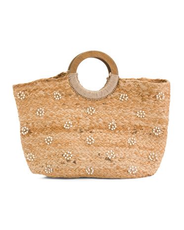 Pearl Embellished Jute Tote With Wooden Handles | Marshalls