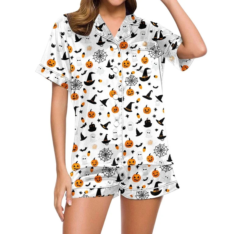 Cute Pajama Sets For Women Witch Hat Pumpkin Web Button Down Short Sleeve Shirts Soft Stretch Sho... | Walmart (US)