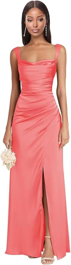 Spaghetti Straps Satin Bridesmaid Dresses with Slit for Women Cowl Neck Pleate Satin Long Formal ... | Amazon (US)
