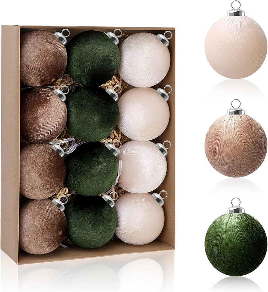 12 Pcs Velvet Christmas Ornaments Ball, 3.15inch Velvet Ornaments for Christmas Tree, Neutral Flo... | Amazon (US)