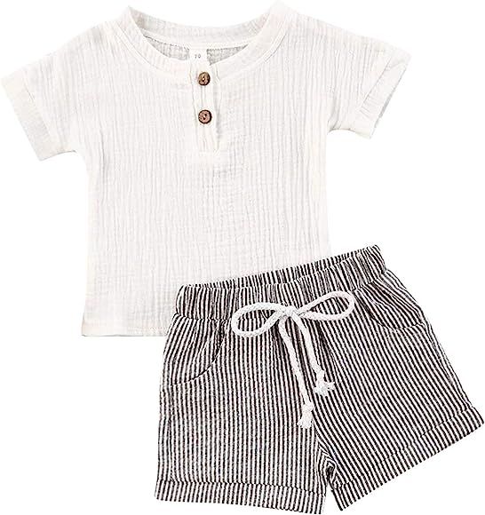 Baby Boys 2Pcs Summer Outfits Short Sleeve T-Shirt Tops Elastic Waistband Shorts Set Toddler Clot... | Amazon (US)