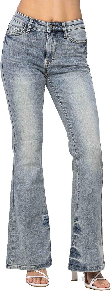 Judy Blue Women's Mid-Rise Tinted Pin Tack Detail Flare Leg Jeans | Amazon (US)