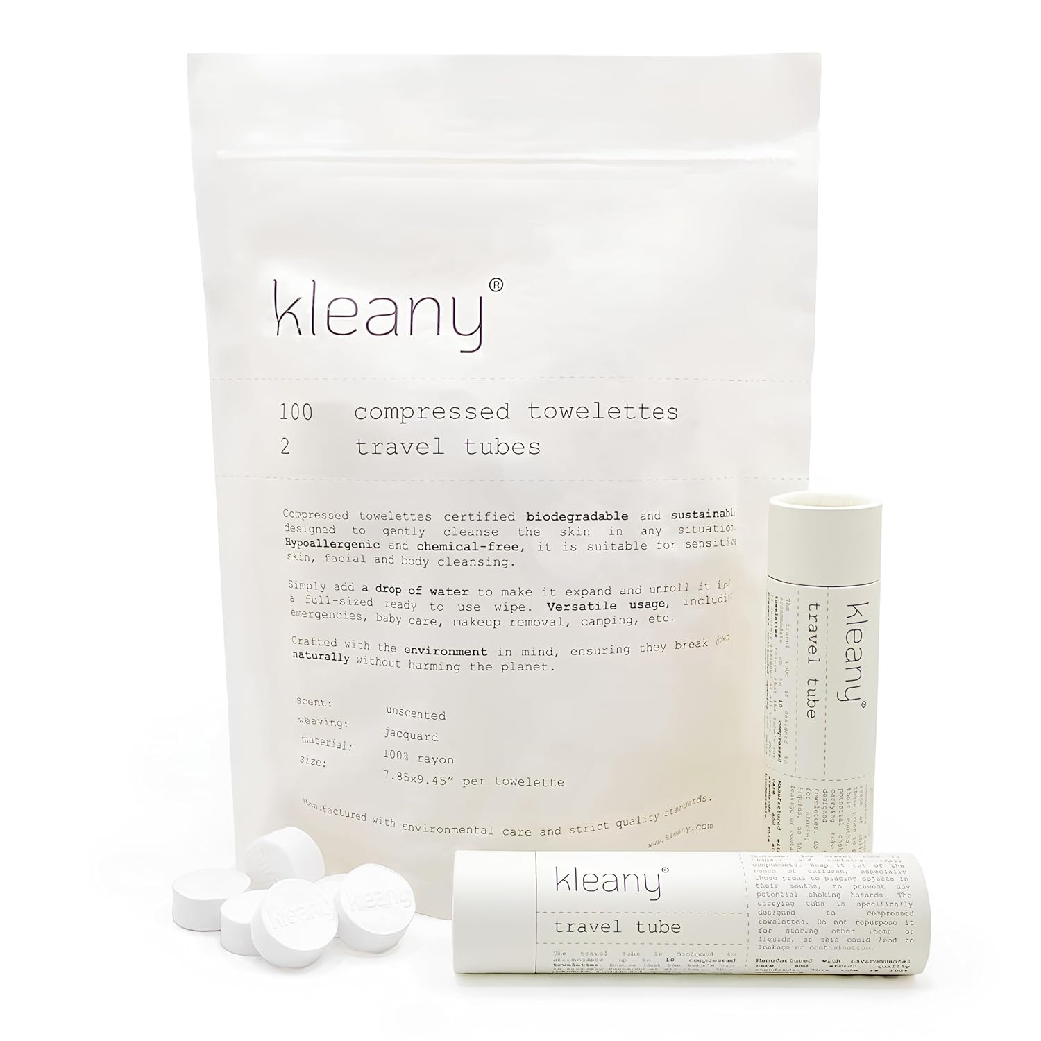 Kleany - 100 Compressed Towels Tablets - 100% Rayon - Biodegradable & Hypoallergenic - Travel & Makeup Remover Wipes - Hiking & Camping - Coin Tissue | Amazon (US)