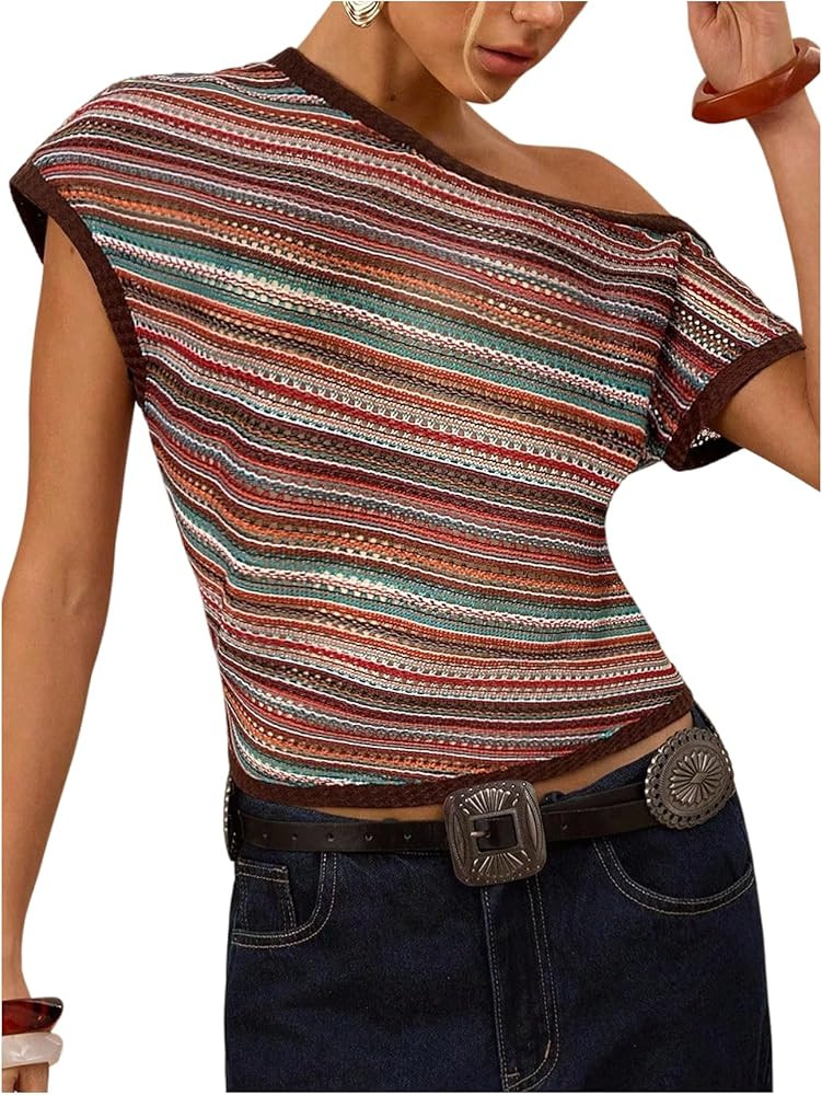 Floerns Women's Y2k Striped Off The Shoulder Blouse Tops Sheer Dolman Sleeve Vintage Going Out To... | Amazon (US)