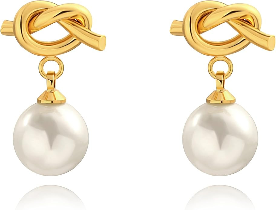 18K Gold Love Knot Stud Earrings for Women Statement Button Pearl Stud Earrings Minimalist Cute S... | Amazon (US)