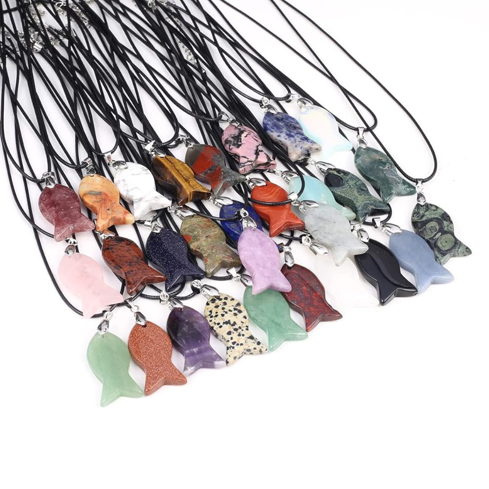 QSLLER 6PCS Handmade Fish-shaped Crystal Pendant Necklace Natural Stone Tiger Eye Amethyst Charms... | Amazon (US)