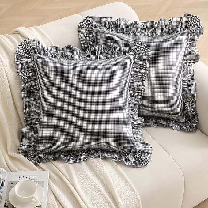 Black/White Plaid Ruffle Throw Pillow Covers Shabby Checkered Gingham 18"x18" Vintage Washed Cott... | Amazon (US)