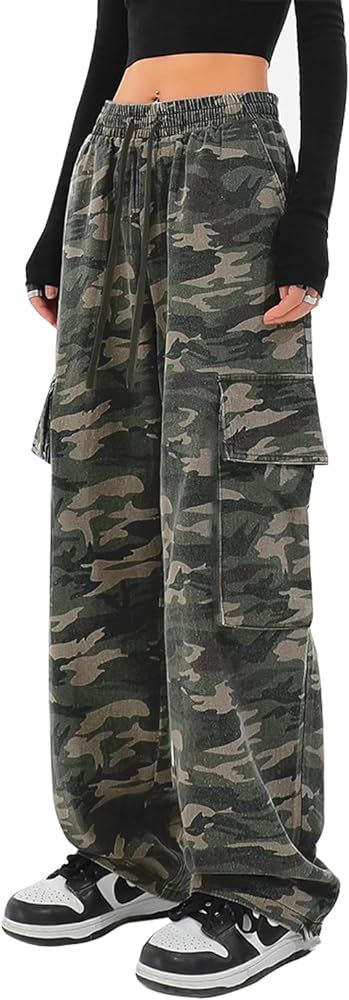 Cargo Pants Women Baggy Streetwear Y2K Drawstring Trousers Wide Leg Pants | Amazon (US)