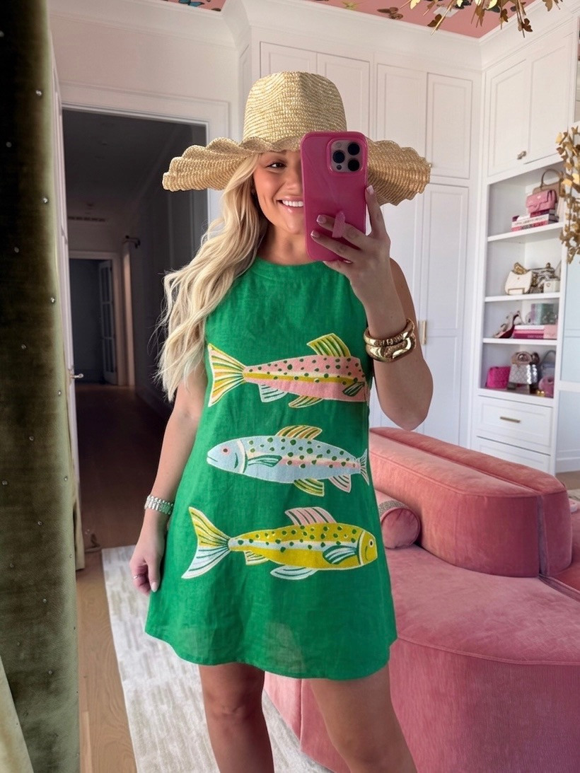 Fish printed mini dress looks. Pleated sun hat. Amazon dress  

#LTKootd #LTKgrwm