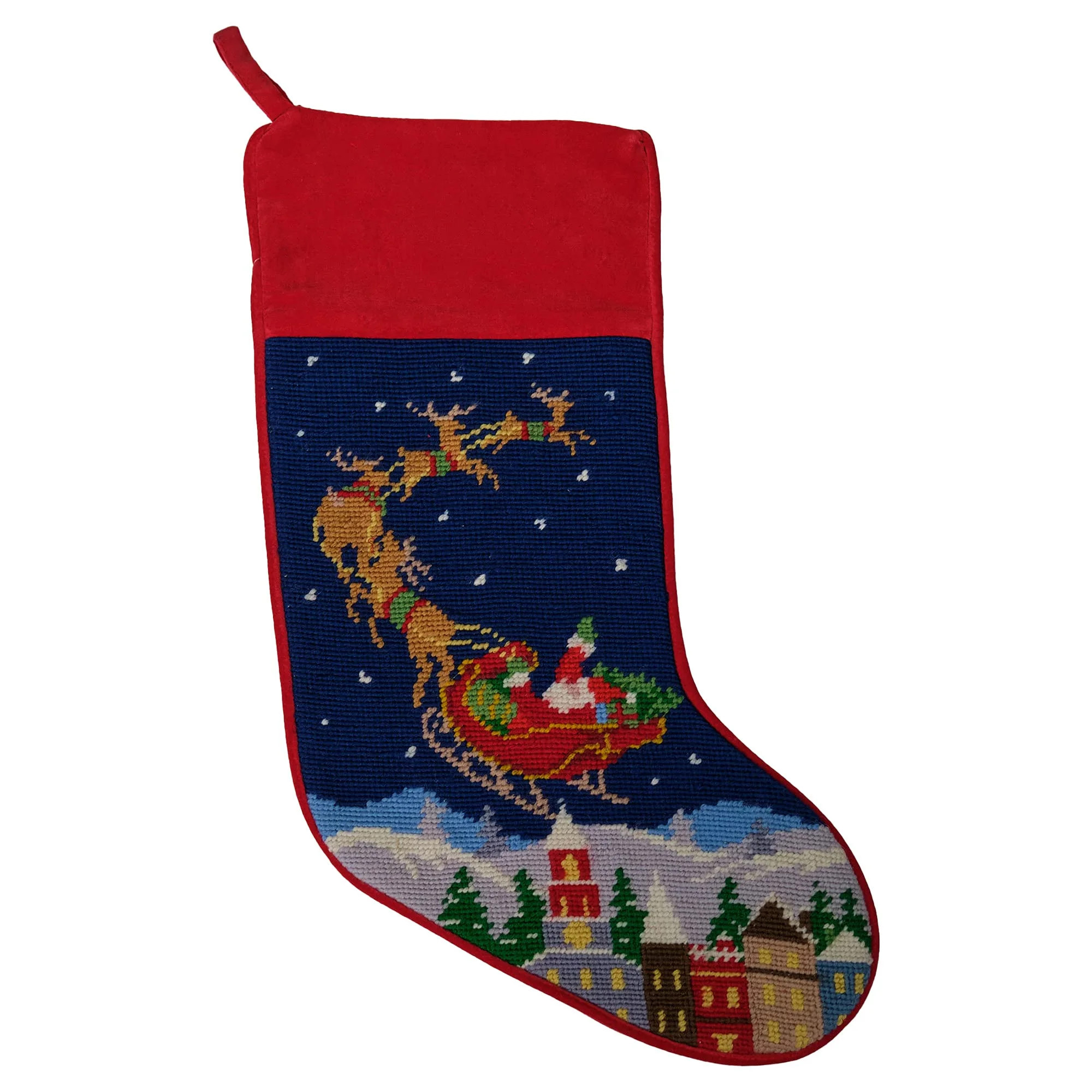 Peking Handicraft Festive Santa Reindeer Flight Wool Needlepoint Christmas Stocking | Walmart (US)