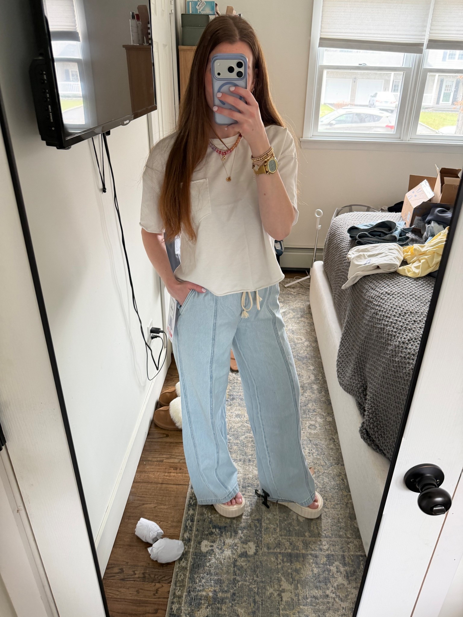 Spring or summer casual bbq outfit . The wedge sandals pair perfect with these viral pants especially cause I’m 5’2 and these pants are long on me. Both from Walmart 