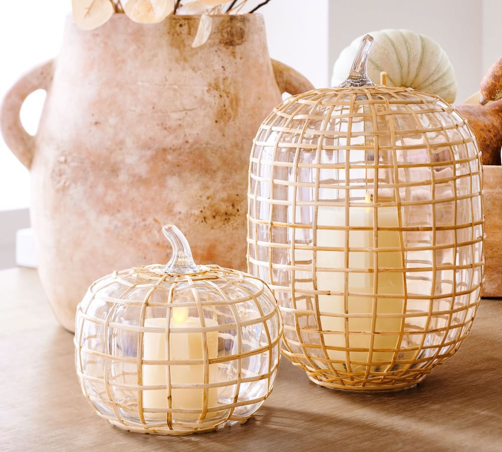 Palm Rattan Recycled Glass Pumpkins | Pottery Barn (US)