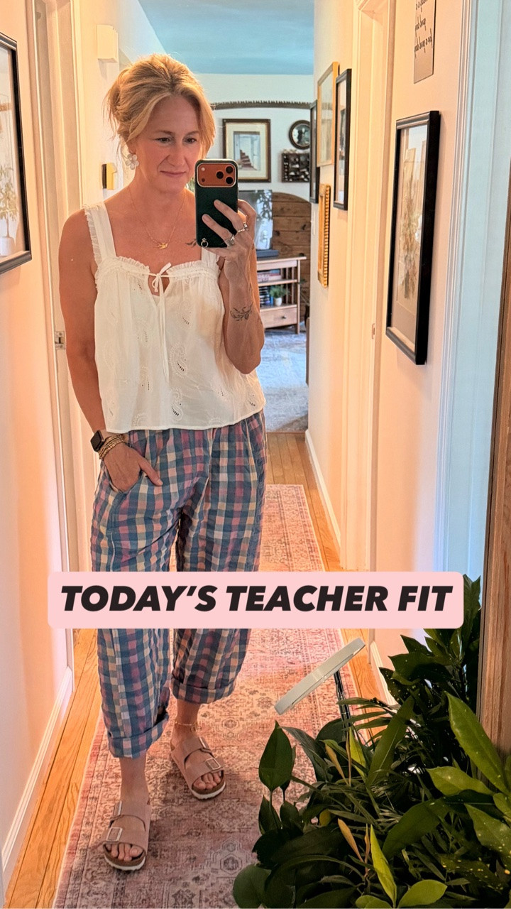 This pretty little fit just screams summer ☀️🌸

These pink & blue gingham pants are SO lightweight & breezy — basically the answer for those of us who want to survive a hot summer day without forcing ourselves into shorts 😅

Paired them with this white eyelet babydoll tank from Target & honestly… I’m obsessed. Feminine, airy, comfortable & cute without trying too hard.

And because the universe aligned perfectly for once… the pink Birkenstocks had to make an appearance 💕 Found these at TJ Maxx for an absolute steal a while back & they’ve quietly become one of my favorite summer grabs.

The pants are Free People from last summer (I’ll link a super similar pair) & the top is Universal Thread from Target ✨

Also… can we take a second for the flower dangles? 🌼 Clearly all this poolside planting lately is influencing my personality at this point 😂 Future backyard pics are definitely coming.

🤍

#FreePeopleStyle #TargetStyle #LTKStyle #TeacherStyle #SummerOutfit 

Teacher outfit details: gingham pants • eyelet babydoll tank • pink Birkenstocks • flower earrings • comfy summer outfit • teacher summer style • feminine casual outfit • lightweight summer pants • Free People inspired • Target fashion finds

#LTKgrwm #LTKootd #LTKSeasonal
