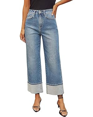 loveimgs Women Casual High Waisted Wide Leg Cuffed Jeans Boyfriend Flare Denim Pants Roll Up Unit... | Amazon (US)
