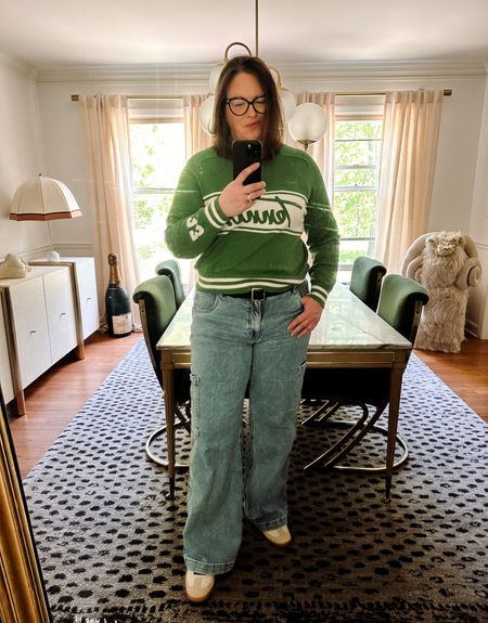 Best jeans ever! These cargo jeans / carpenter jeans fit perfectly and you can dress them up or down. I pairs them with this green tennis sweater and sambas. 

#LTKOver40 #LTKSaleAlert #LTKMidsize